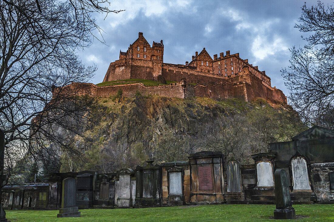 Edinburg Castle at the sunset viewed from the cemetery; Edinburgh, Scotland