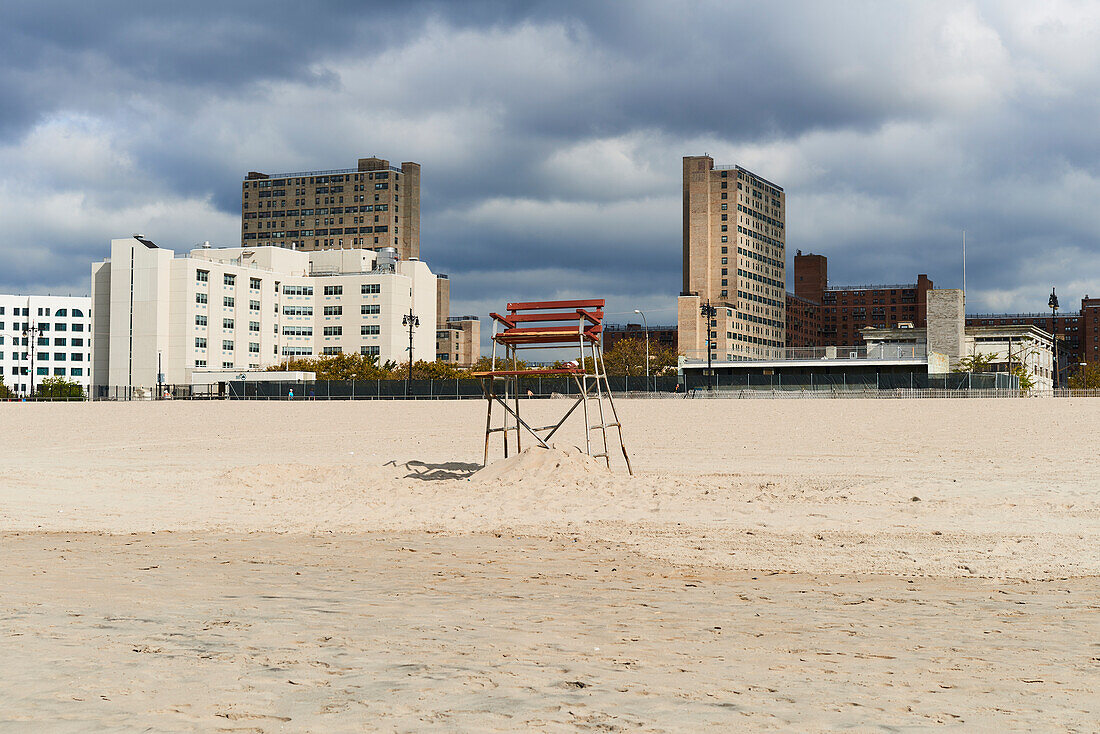 Empty lifeguard chair on Coney Island Beach; New York City, New York, United States of America