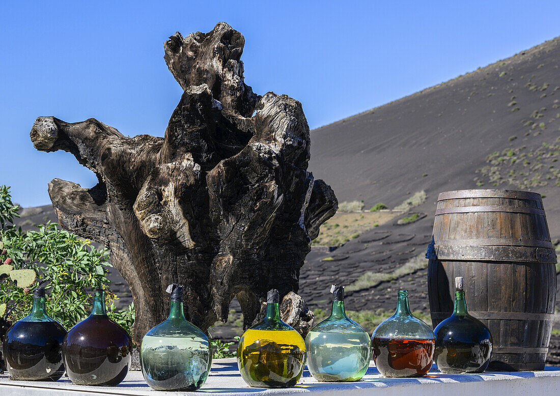 Alter Baumstumpf, Weinflaschen und Weinfass vor einer Bodega; Lanzarote, Spanien