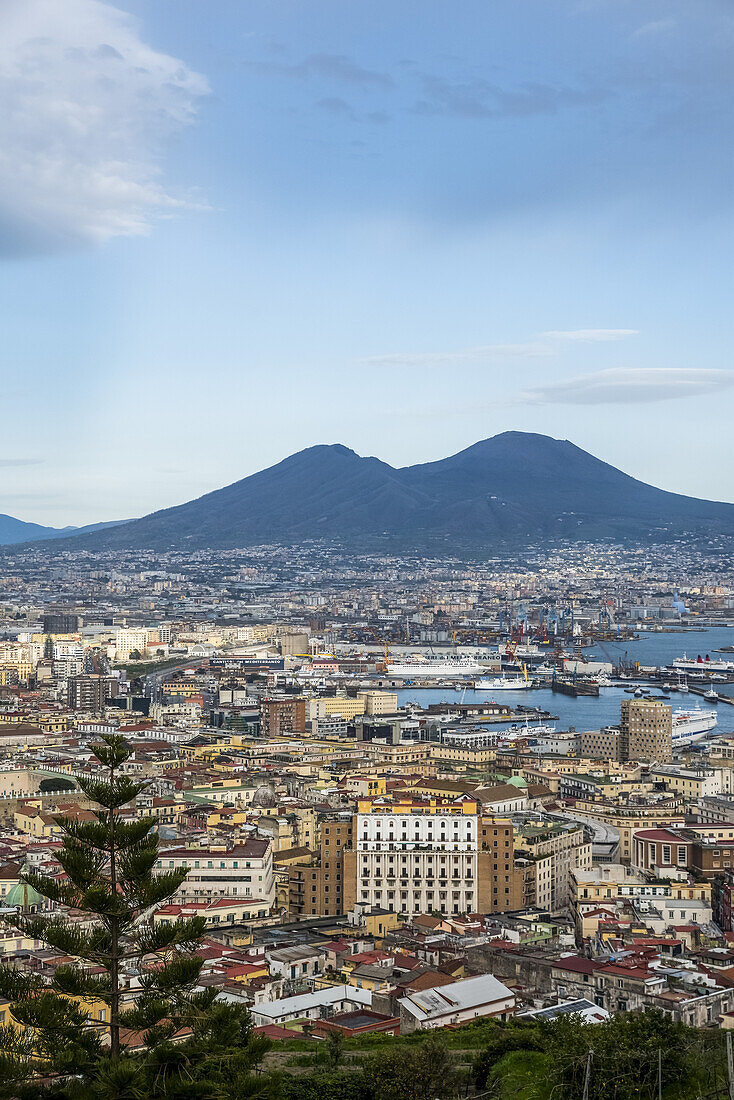 View of Naples and Mount Vesuvius coming down from Castel Sant'Elmo; Naples, Italy