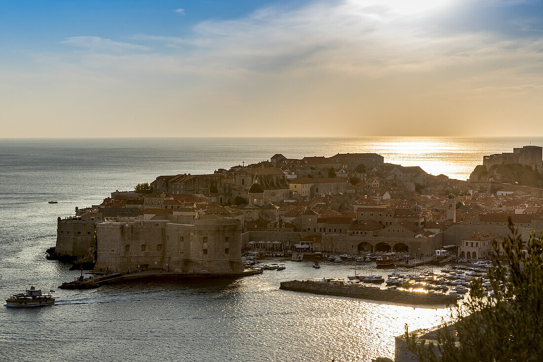 View of St John Fortress and the Old City of Dubrovnik at sunset; Dubrovnik-Neretva County, Croatia