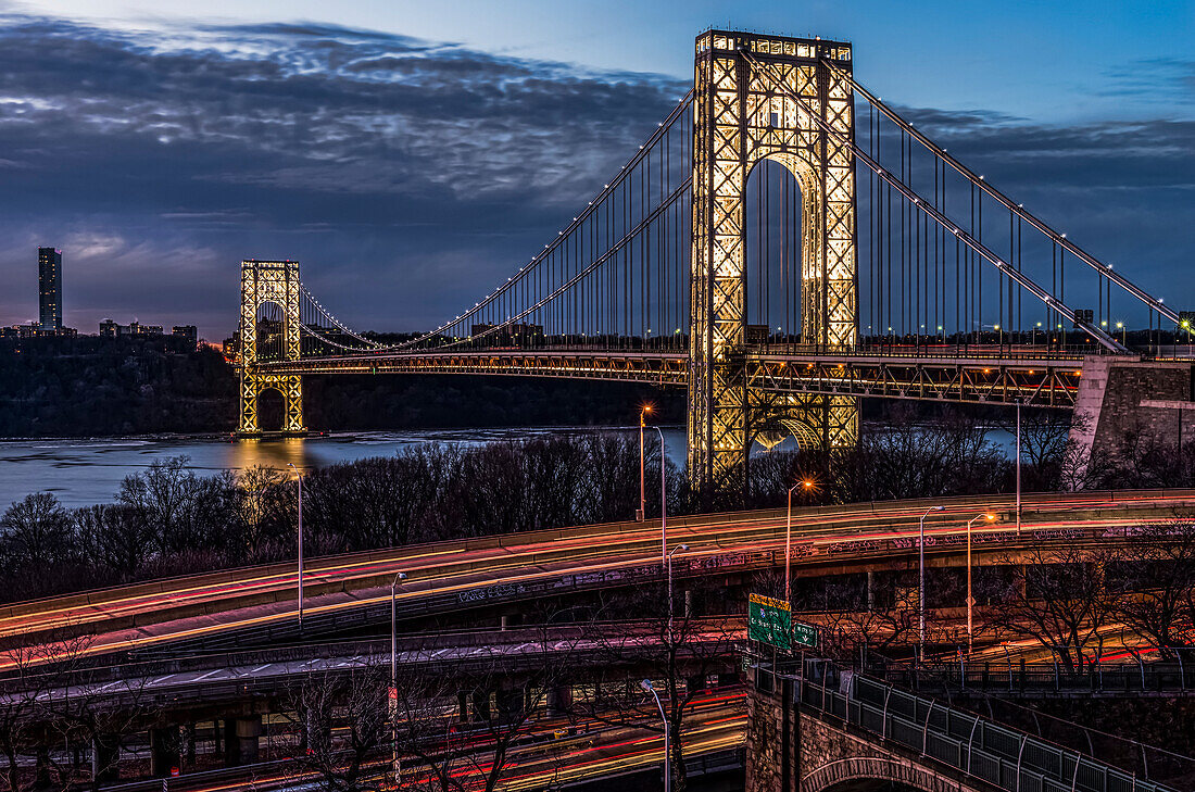 George Washington Bridge at twilight, lit specialty for Martin Luther King Jr. Day (MLK Day); New York City, New York, USA