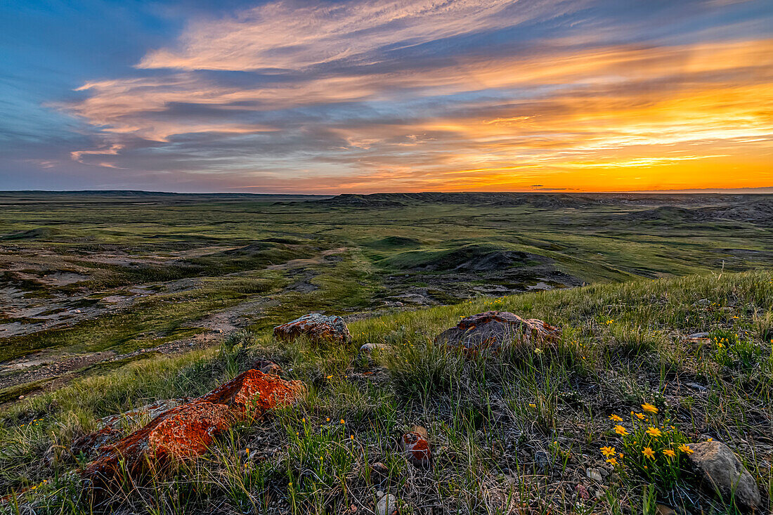 Weite Landschaft, die sich bei Sonnenuntergang im Grasslands National Park bis zum Horizont erstreckt; Val Marie, Saskatchewan, Kanada