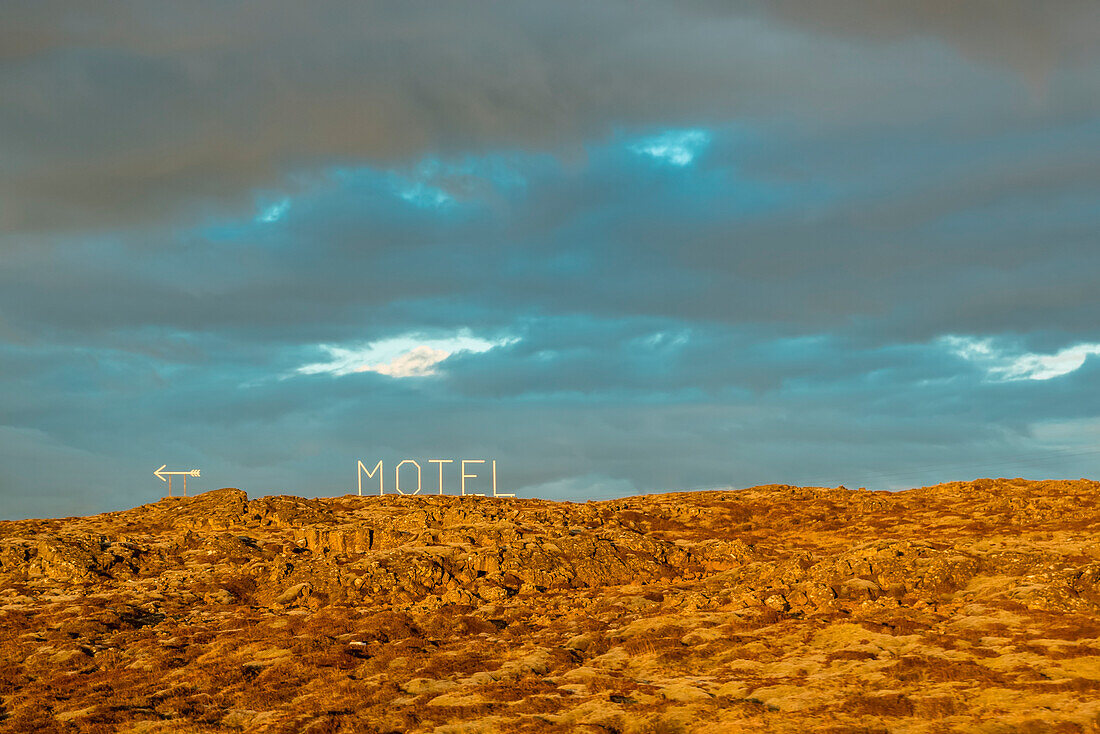 Motel sign and volcanic landscape, Reykjanes Peninsula; Iceland