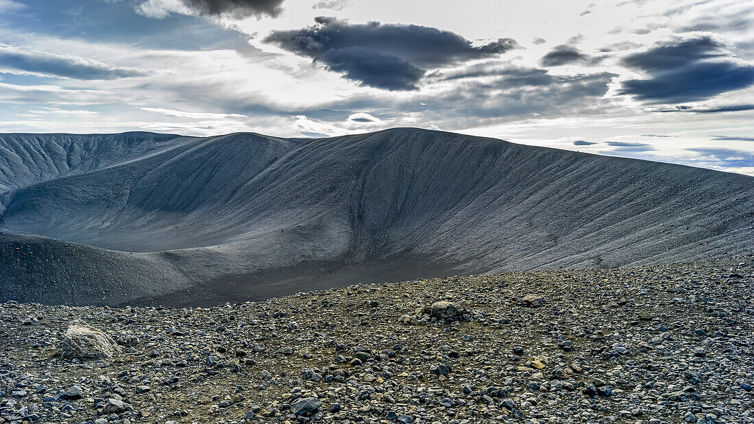 The Hverfjall crater, a tephra cone or tuff ring volcano in Northern Iceland.  The crater is approximately 1 kilometre in diameter; Skutustadahreppur, Northeastern Region, Iceland