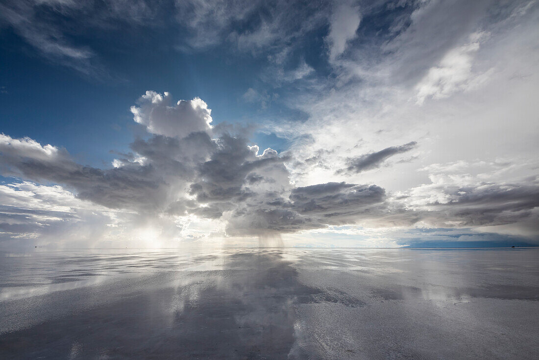 Reflection during the wet season (December-February) in Salar de Uyuni, the world's largest salt flat; Potosi Department, Bolivia