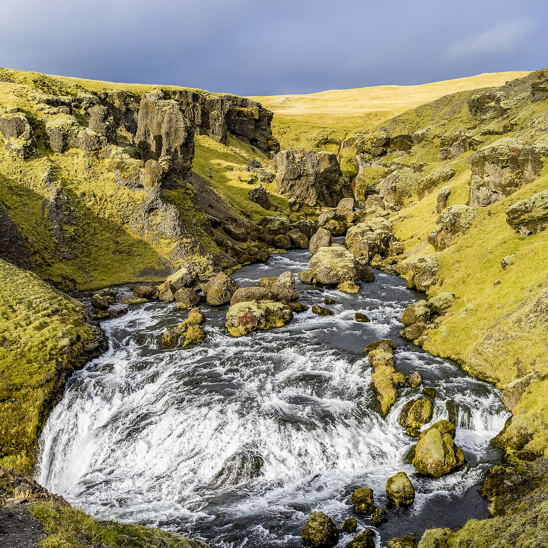 Skogafoss is one of Iceland’s biggest and most beautiful waterfalls with an astounding width of 25 meters and a drop of 60 meters; Rangarping eystra, Southern Region, Iceland