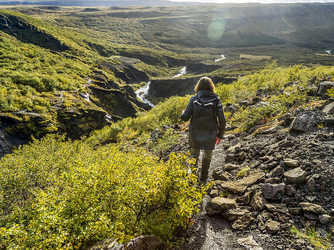 Eine Frau wandert auf dem Glymur-Wanderweg. Glymur ist der zweithöchste Wasserfall in Island mit einer Kaskade von 198 Metern; Hvalfjardarsveit, Hauptstadtregion, Island