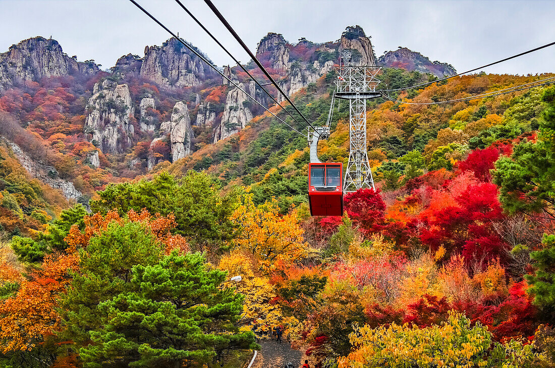 A cable car takes hikers and tourists up the mountain at Daedunsan Provincial Park, South Korea in autumn; Jeonbuk, Republic of Korea