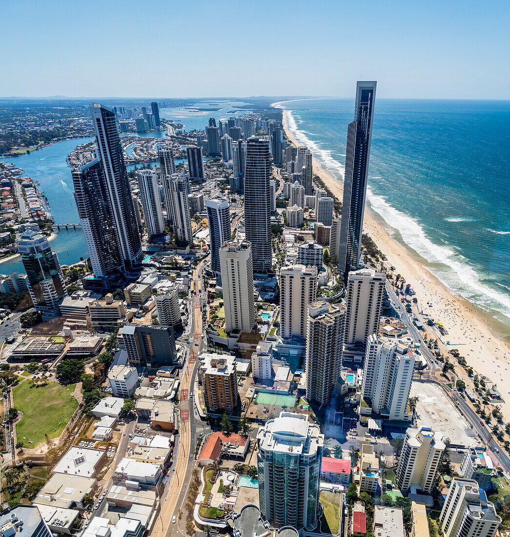 Overview of the coastal city of Gold Coast and Mermaid Beach; Gold Coast, Queensland, Australia