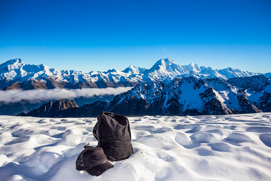 A helicopter tour provides stunning views over the Mount Cook glacier and surrounding mountaintops, Mount Cook National Park; Canterbury, New Zealand