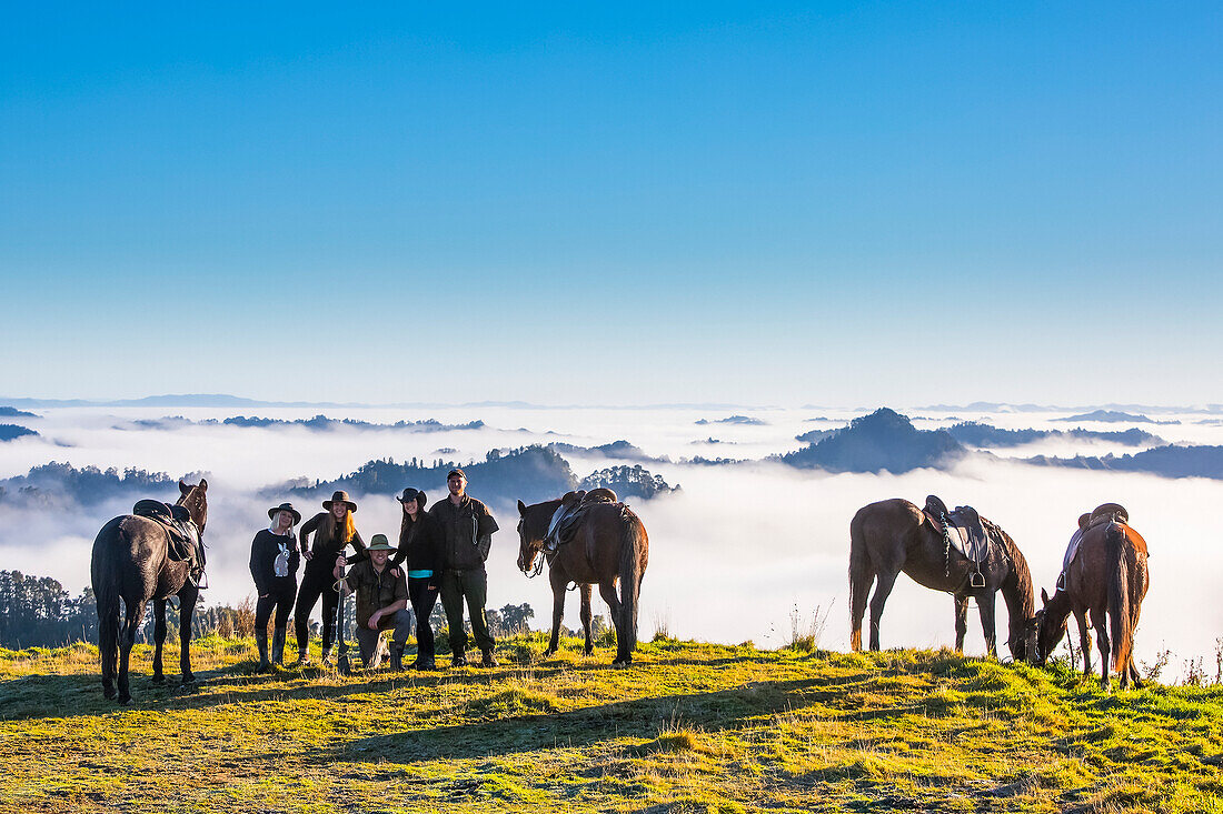 Die Blue Duck Lodge im Whanganui National Park ist eine Rinderfarm mit Schwerpunkt auf dem Naturschutz. Reisende reiten zu einem malerischen Aussichtspunkt, um den Sonnenaufgang über dem Regenwald zu beobachten; Retaruke, Manawatu-Wanganui, Neuseeland