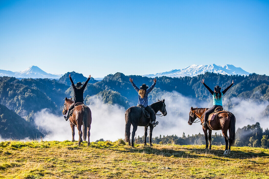 The Blue Duck lodge located in the Whanganui National Park is a working cattle farm with a focus on conservation. Travelers take horses to a scenic viewpoint to watch the sunrise over the rainforest. Three cowgirls sit on their horses with arms raised; Retaruke, Manawatu-Wanganui, New Zealand