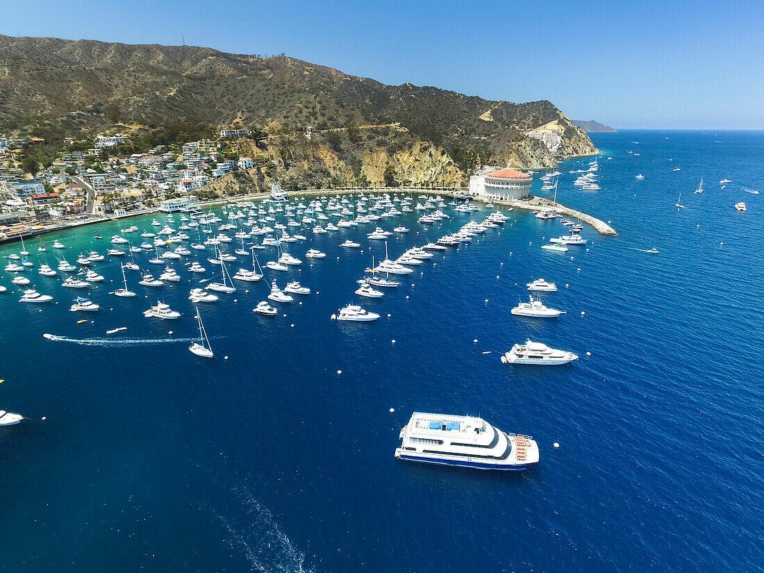 Überblick über Boote im Hafen von Avalon Harbor; Catalina Island, Kalifornien, Vereinigte Staaten von Amerika.