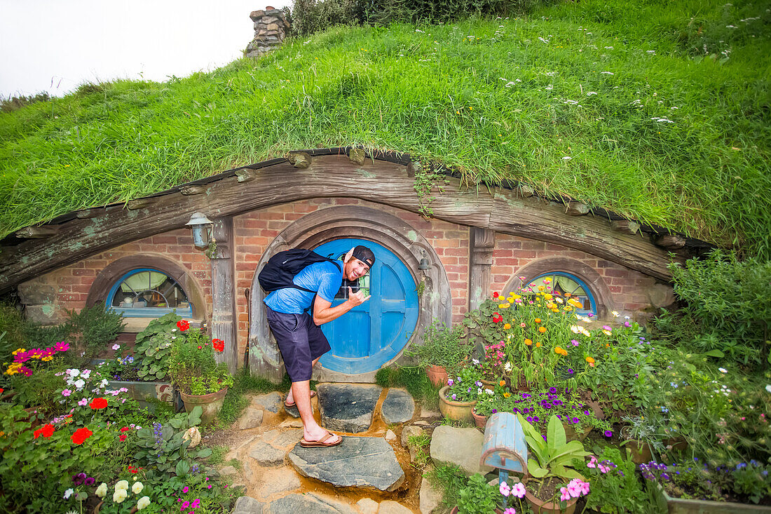 The tourist stop of Hobbiton on New Zealand's North Island. The site of the filming of the Lord of the Rings movies; Hobbiton, Waikato, New Zealand