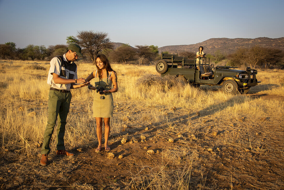 Safari-Führer zeigt einer Reisenden mit Kamera in der Hand Bodenproben in der Savanne, während eine andere Frau in einem Jeep steht und auf ein Nachschlagewerk im Hintergrund schaut, auf der Gabus Game Ranch; Otavi, Otjozondjupa, Namibia