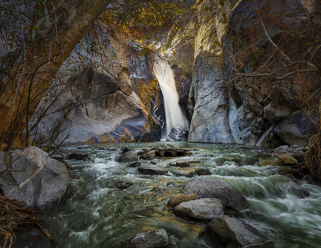Cataract waterfall of the Tahquitz Falls at the Tahquitz Creek in the Tahquitz Canyon, sacred lands to the Agua Caliente Band of Cahuilla Indians; Palm Springs, California, United States of America