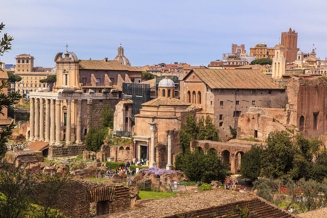 Overview of the Roman Forum viewed from Palatine Hill, showing the Temple of Antoninus and Faustina (Church of San Lorenzo in Miranda) alongside the domed Basilica of Santi Cosma e Damiano (Temple of Romulus) with tourists at the entrance sightseeing; Rome, Lazio, Italy