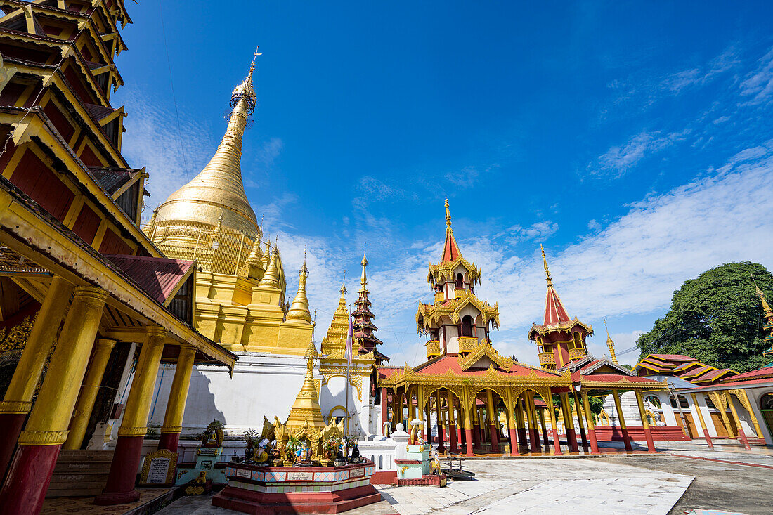 Monastery and pagodas on Shwe Paw Island along the Ayeyarwady (Irrawaddy) River; Shwegu, Kachin, Myanmar (Burma)