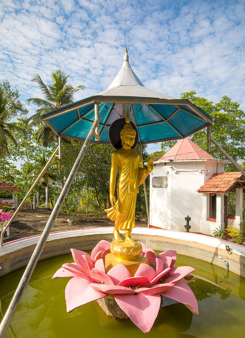 Wasserbrunnen mit einer stehenden Buddha-Statue auf einer steinernen Lotusblüte auf dem Gelände des buddhistischen Klosters Galagoda Shailatharama Viharaya; Balapitiya, Galle District, Sri Lanka.