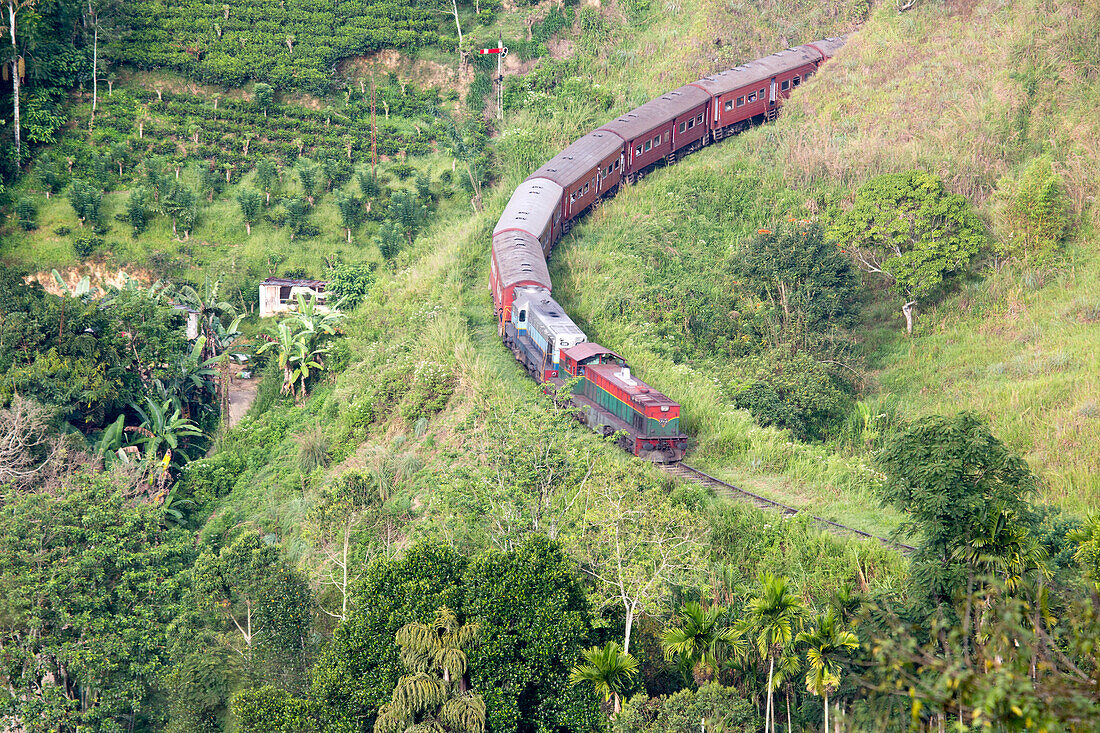 Bergzug auf der Demodara-Schleife im Hügelland; Demodara, Hügelland, Sri Lanka.
