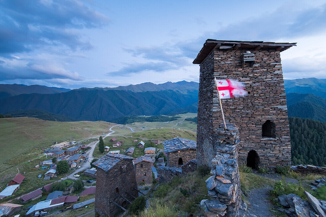 The medieval fortress and tower houses of Keselo overlooking the village of Omalo in the Tusheti National Park; Omalo, Kakheti, Georgia