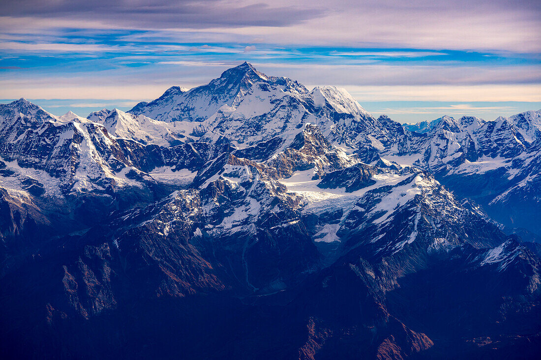 View of Mount Everest/Sagarmatha from a window on Dawn Kathmandu to Everest Flight over the Himalayas; Himalayas, Nepal