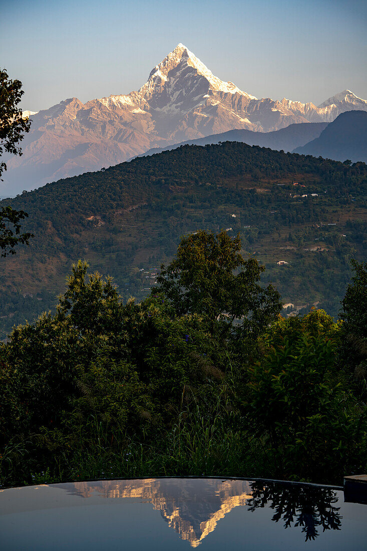 Machhapuchhare Peak, the Fish Tail Mountain reflected in an infinity pool at a mountain lodge from the Pokhara Valley of the Himalayas; Pokhara, Pokhara Valley, Nepal