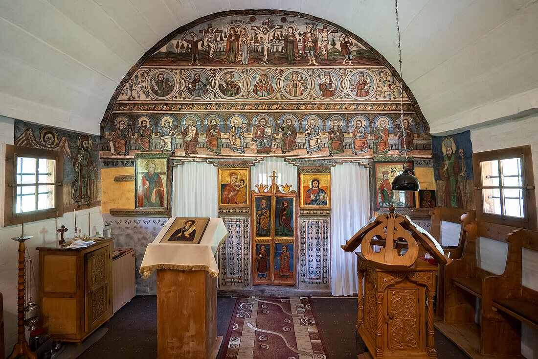 Interior of St Parascheva Orthodox Christian Wooden Church; Sub Piatra, Trascaului Mountains,Transylvania, Romania