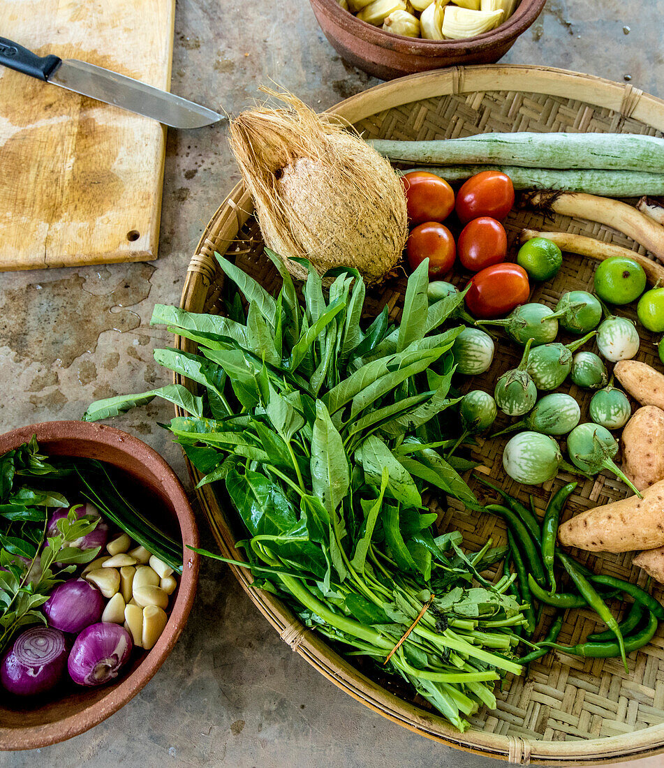 Nahaufnahme von frischem Gemüse und Zutaten auf einem Steintisch mit Schneidebrett und Messer bei einer Kochvorführung in der ländlichen Kochschule in der Nähe von Galle; Galle, Bezirk Galle, Südprovinz, Sri Lanka.
