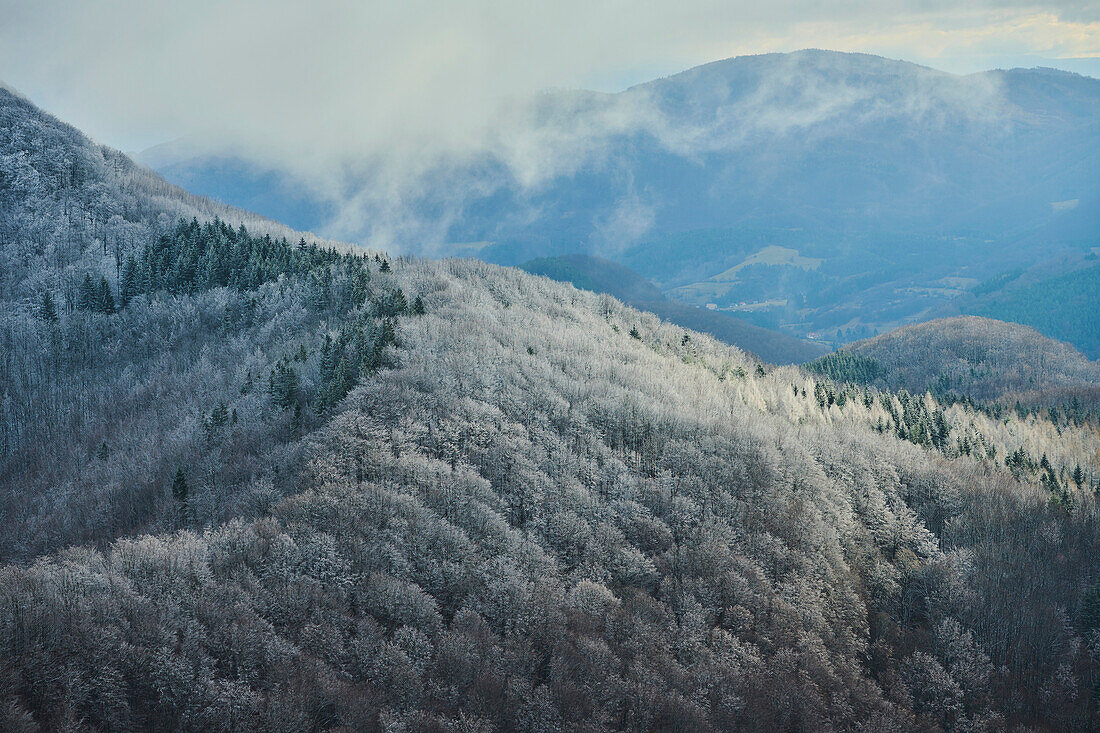 Snowy mountain view from Mount Vapec in the Strazov Mountains; Little Fatra (Kleine Fatra), Western Carpathian Mountains, Horna Poruba, Slovakia