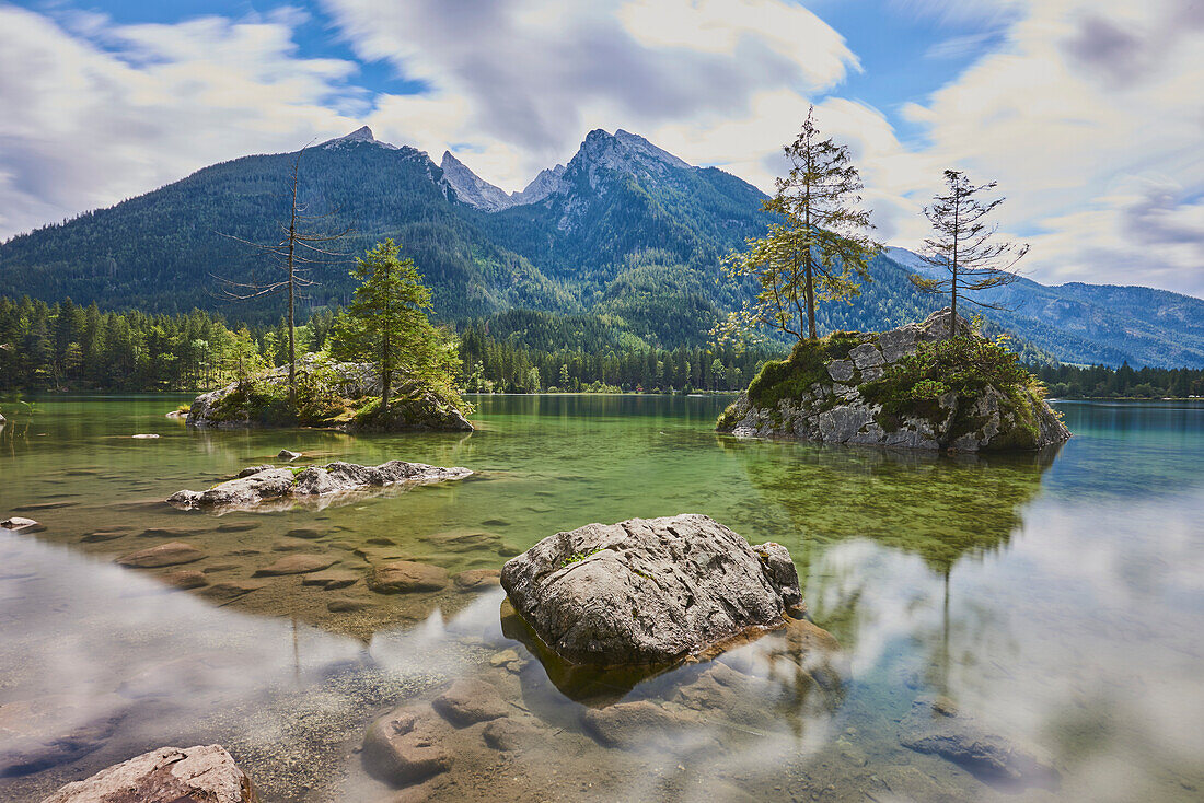 Norway spruce (Picea abies) tree on small, rock islands in the clear waters of Lake Hintersee, Bavarian Alps; Berchtesgadener Land, Ramsau, Bavaria, Germany