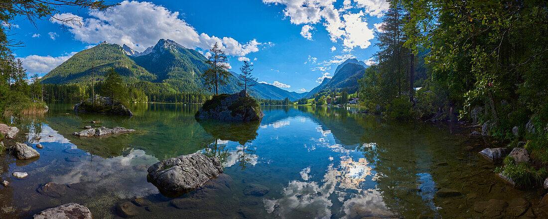 Fichte (Picea abies) auf einer kleinen Felsinsel im klaren Wasser des Hintersees in den Bayerischen Alpen; Berchtesgadener Land, Ramsau, Bayern, Deutschland.