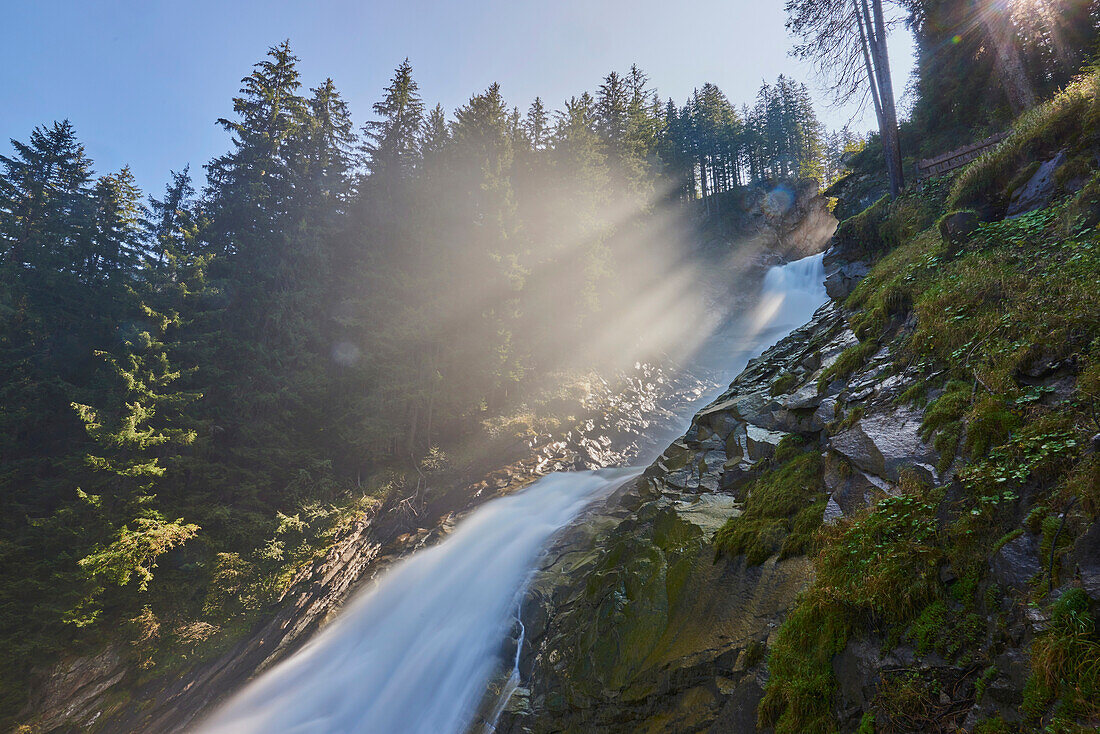 Krimml Waterfalls with misty sunlight; Salzburg, Austria