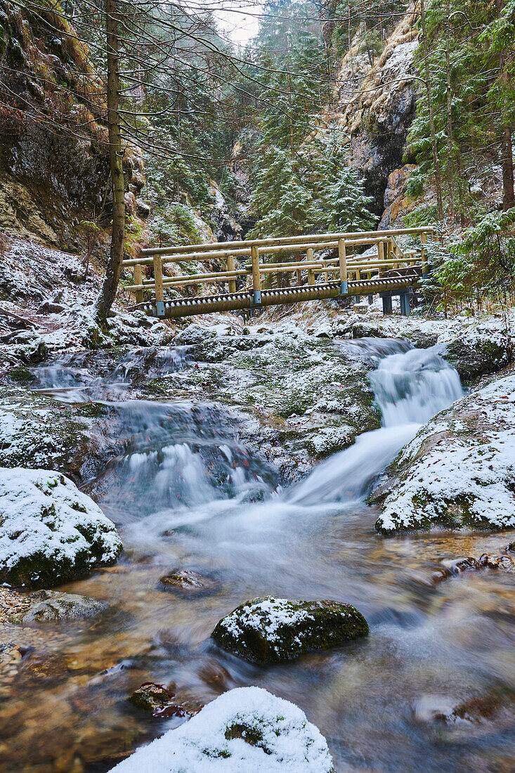 Brücke über einen verschneiten Fluss bei Janosikove Diery im Winter; Kleine Fatra, Karpaten, Terchova, Slowakei.