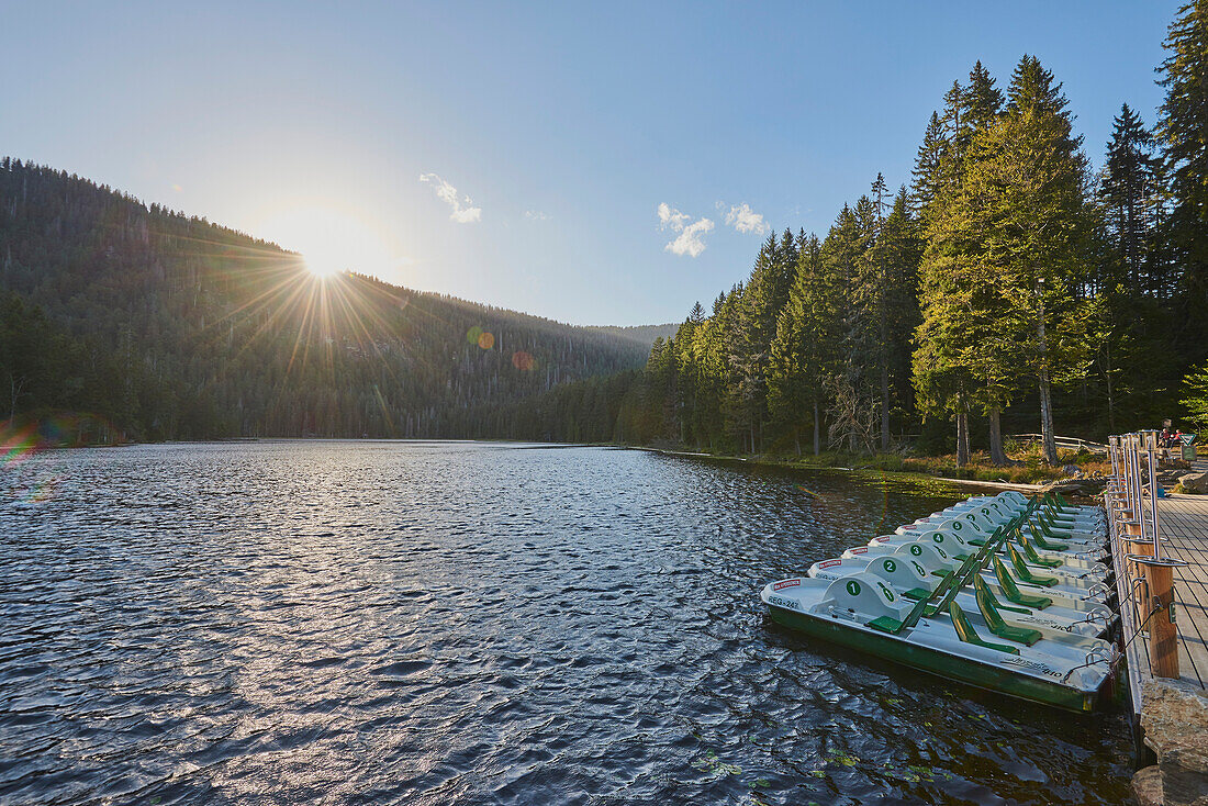 Sonnenaufgang über dem Arbersee mit einer Reihe von Tretbooten am Steg im Nationalpark Bayerischer Wald; Bayern, Deutschland