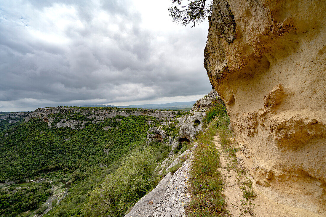 Blick auf Felsklippen und Plateau entlang der Wanderwege durch den Fluss Gravina di Matera und den Park bei Matera; Matera, Basilikata, Italien.