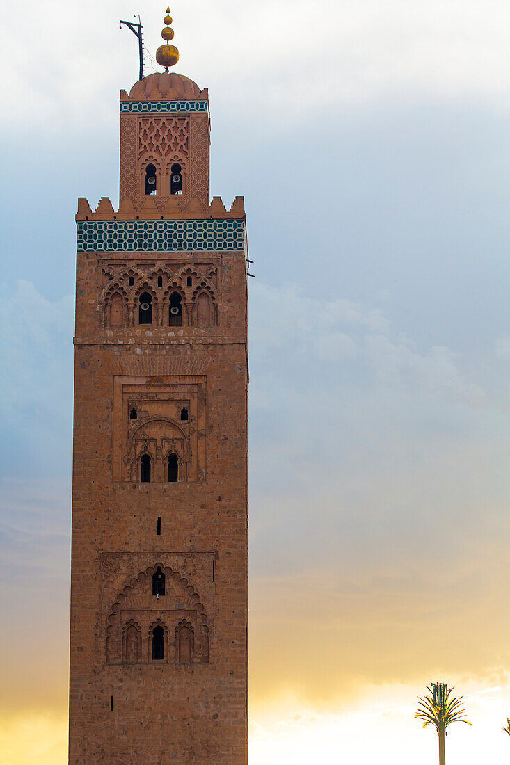 Close-up of the minaret of the 12th Century Kutubiyya Mosque of the Sunni Islam faith, in the Medina of Marrakesh; Marrakesh, Marrakesh-Safi, Morocco