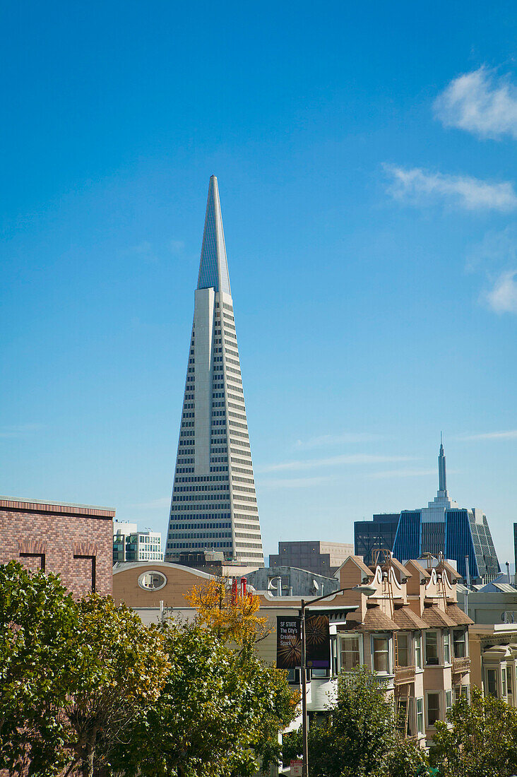 Transamerica Pyramid Wolkenkratzer und Reihenhäuser; San Francisco Kalifornien Vereinigte Staaten von Amerika