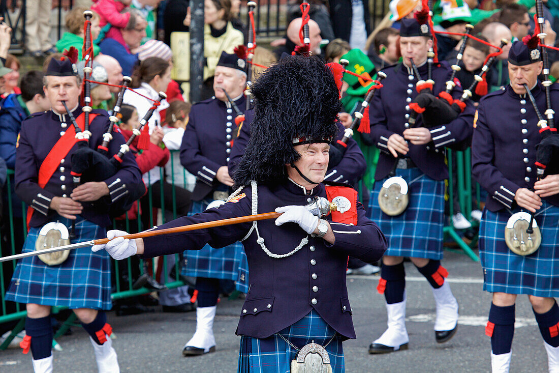 Bagpipes In A Marching Band For A Saint Patrick's Day Parade; Dublin Ireland