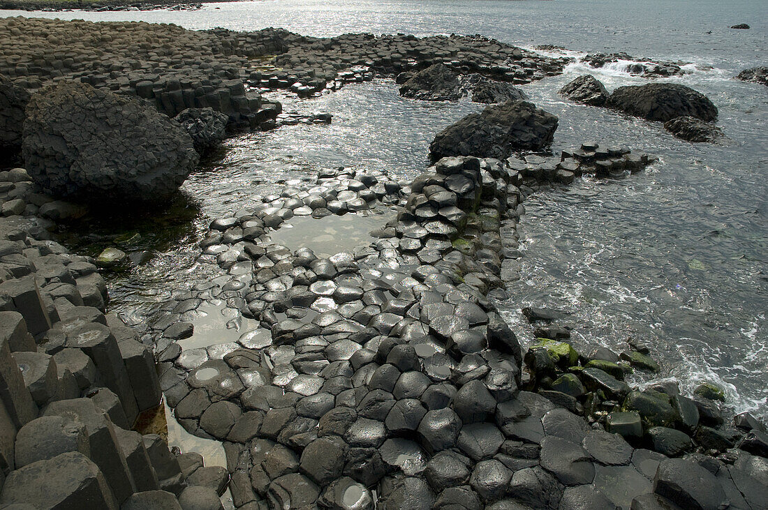 Schwarze Basaltsäulen, die aus dem Meer ragen, Giant's Causeway, Nordirland, Vereinigtes Königreich
