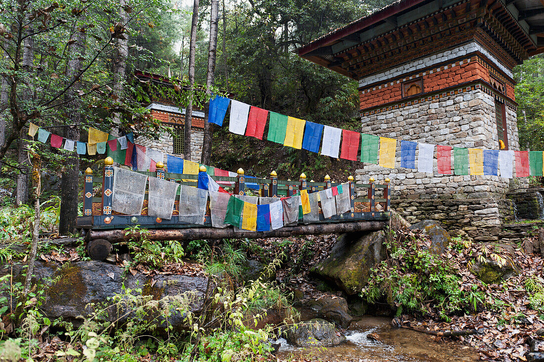Gebetsfahnen vor dem Tigernest-Kloster; Bezirk Paro, Bhutan