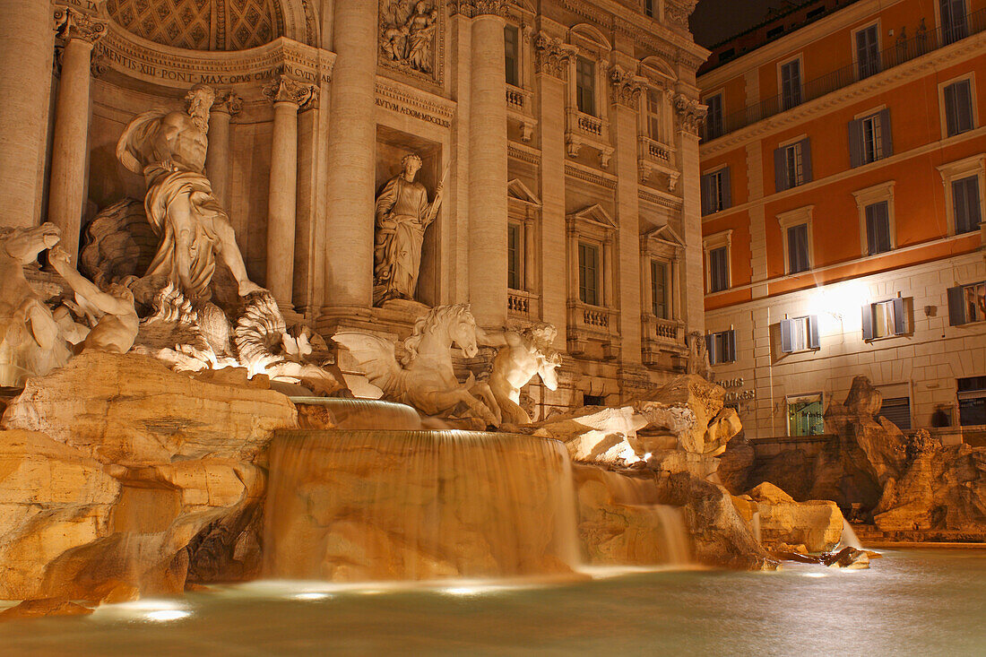 Night Lights Of The Trevi Fountain; Rome Lazio Italy