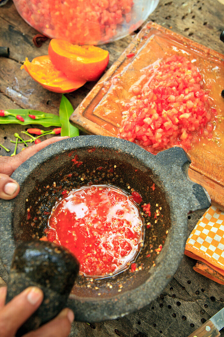 Homemade Salsa Preparation At Sierra La Laguna Near Los Cabos Area; San Jose Del Cabo Baja California Mexico