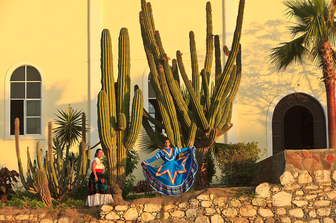 Women In Traditional Folkloric Dress In The Early Morning; Todos Santos Baja California Sur Mexico
