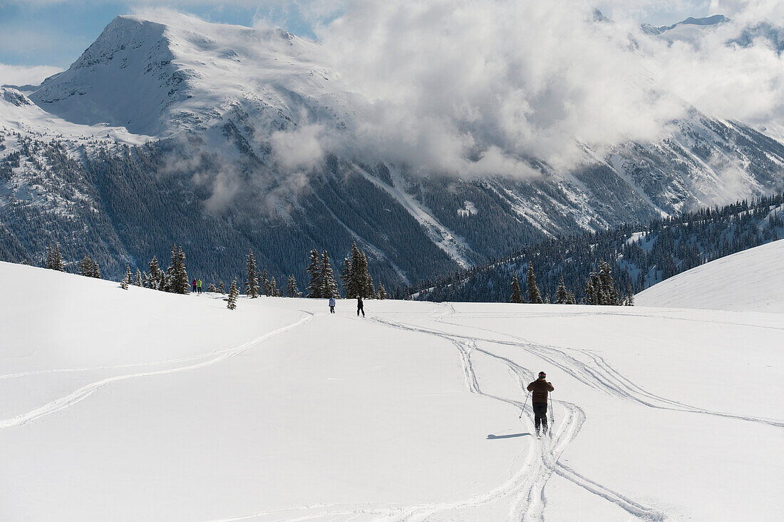 Skifahrer ziehen neue Spuren im frischen Schnee; Whistler British Columbia Kanada