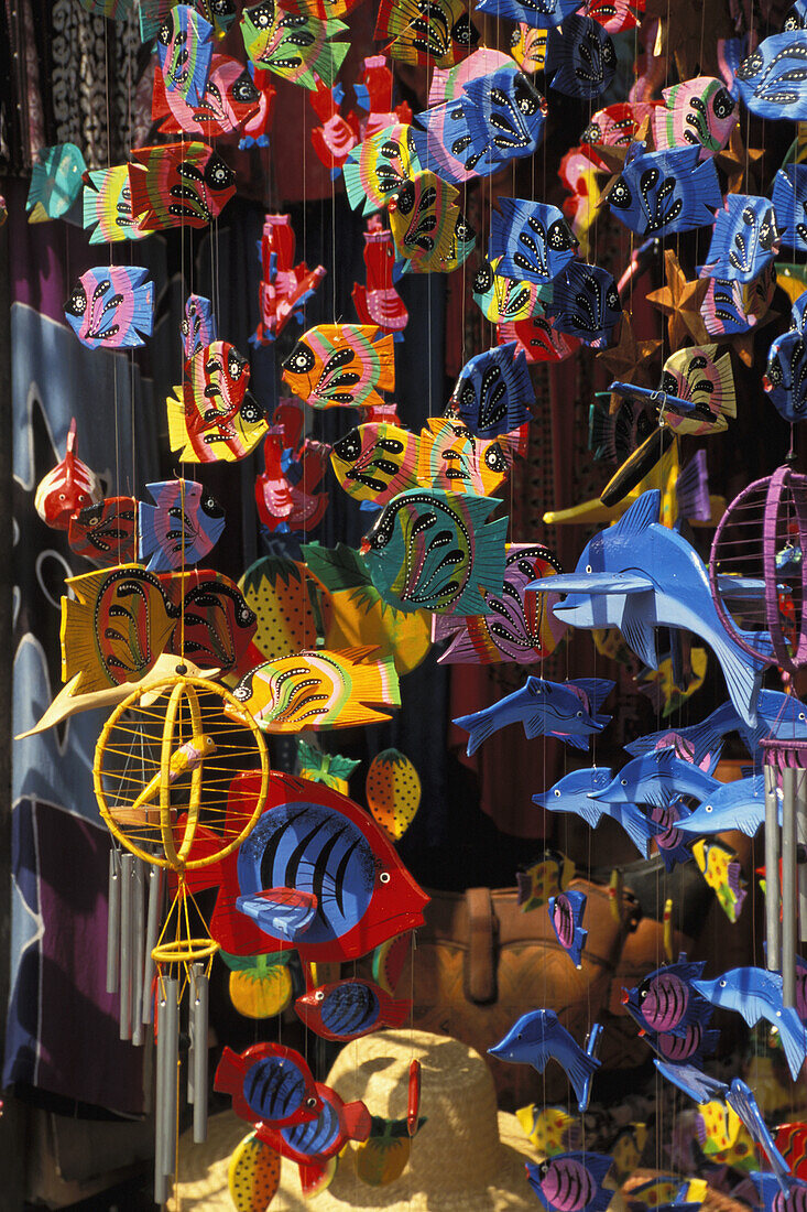Indonesia, Bali, Colorful Wooden Handpainted Mobiles, Outdoor Storefront