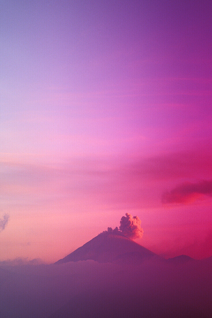 Indonesia, Java, Bromo Tengger Semeru National Park, Smoky Active Volcano, Misty Sunset Sky