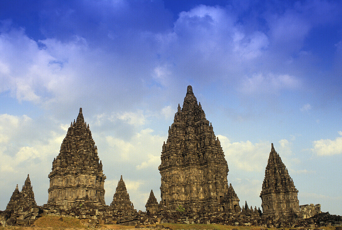 Indonesia, Java, Prambanan, Hindu Temple Distant View Of Stone Architecture