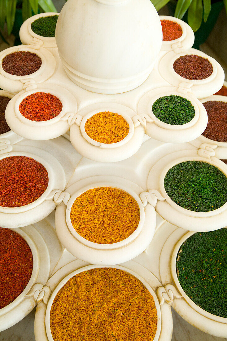 India, High angle view; Agra, Abstract colorful bowls of spices